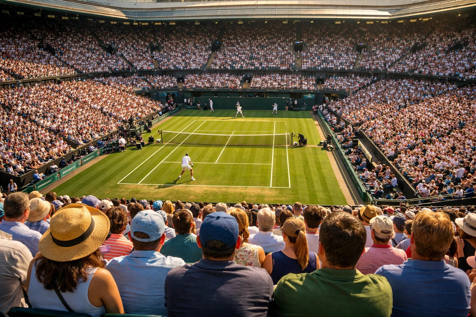 Estadio de tenis lleno durante un Grand Slam con ambiente vibrante en las gradas