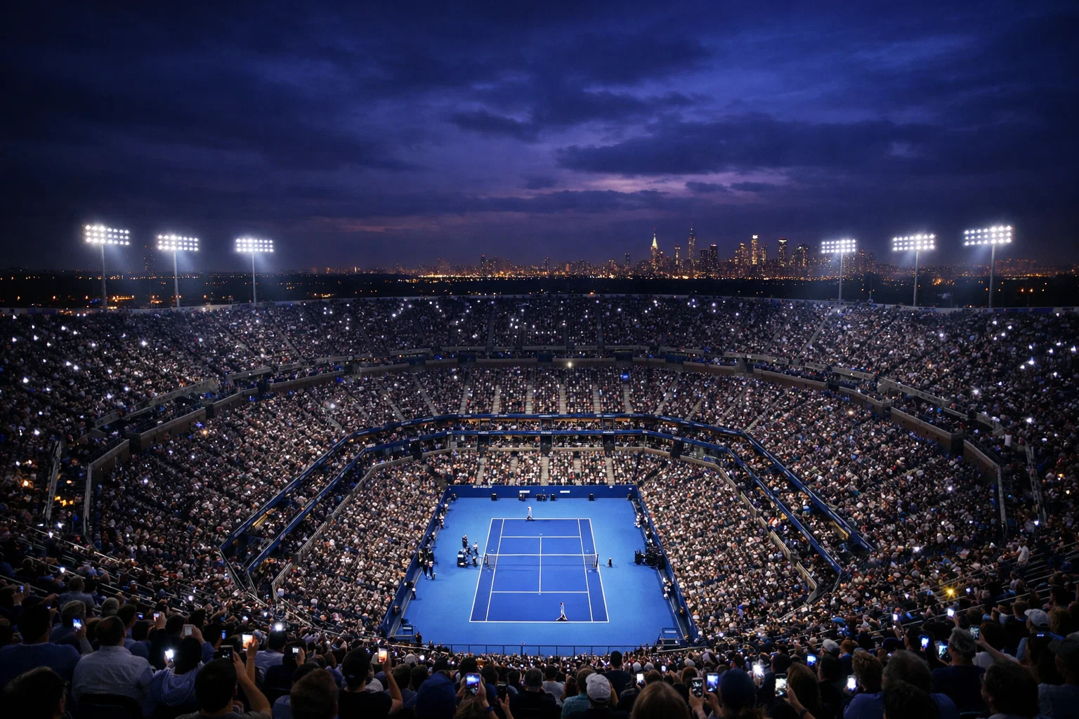 Estadio Arthur Ashe del US Open iluminado de noche con público en las gradas